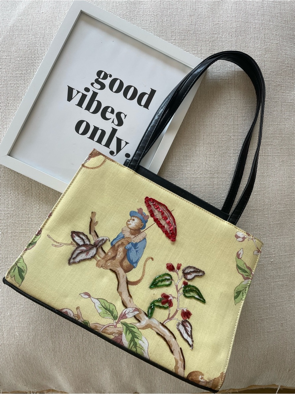 Y2K Canvas Monkey Sequins Yellow Bag with Black Handles